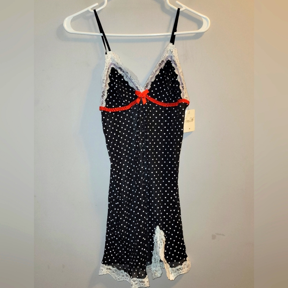 🆕️ Black White Red Sheer Lacy Polkadot Chemise Nightie Adj Straps Ladies Small